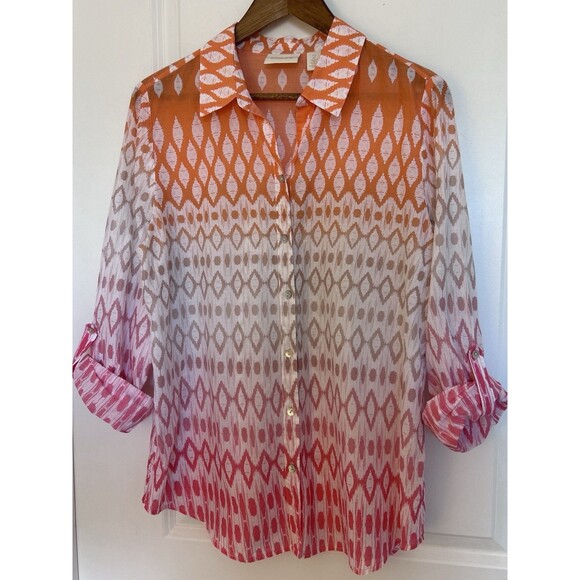 Chico's Size 2 Large Orange Pink Ombre Ikat Button Front Blouse Lightweight - Picture 2 of 5